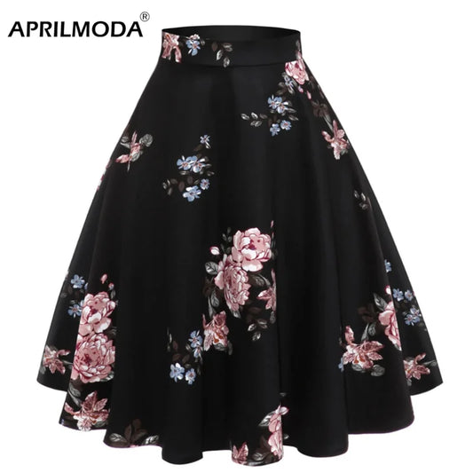 A Line Midi Floral Retro Skirt High Waist Cotton Vintage Women School Flower Print Elegant Pleated 50S Swing Skater