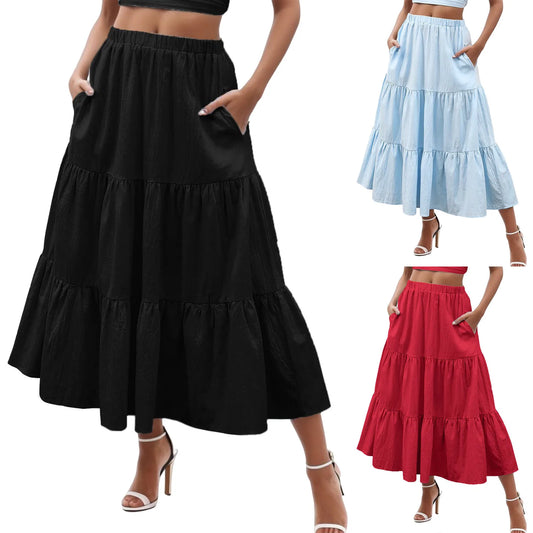 Skirt Long Swing Women’s Dress Boho Pleated Elastic Waist With Pockets Flowy Summer A Line Beach Tiered Skirt