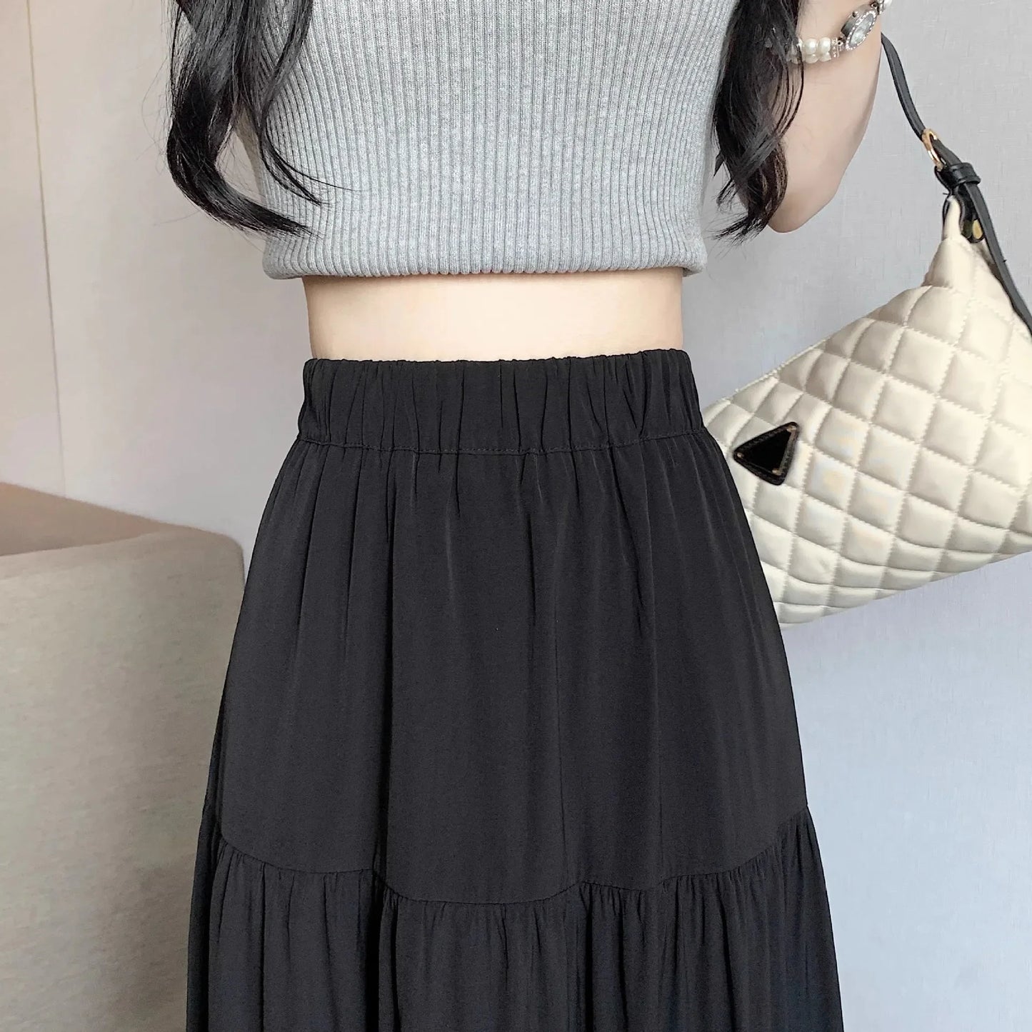 Black High-waisted Niche A- line Skirt Women's Spring Season Elegant Slimming Feel High-end Fashion Long Dress