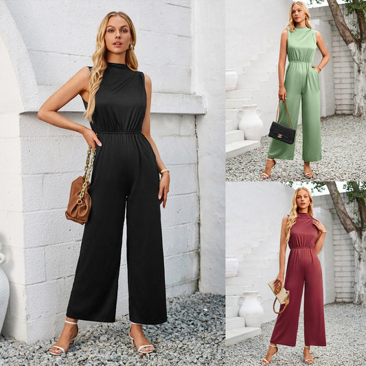 Summer casual women's clothing, new stacked collar solid color hollow jumpsuit women