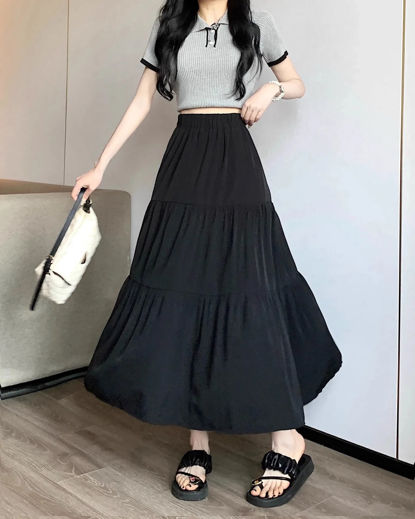 Black High-waisted Niche A- line Skirt Women's Spring Season Elegant Slimming Feel High-end Fashion Long Dress