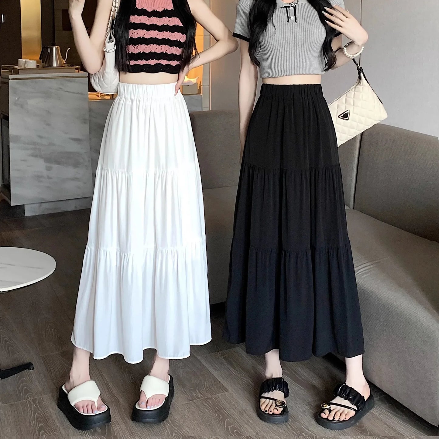 Black High-waisted Niche A- line Skirt Women's Spring Season Elegant Slimming Feel High-end Fashion Long Dress