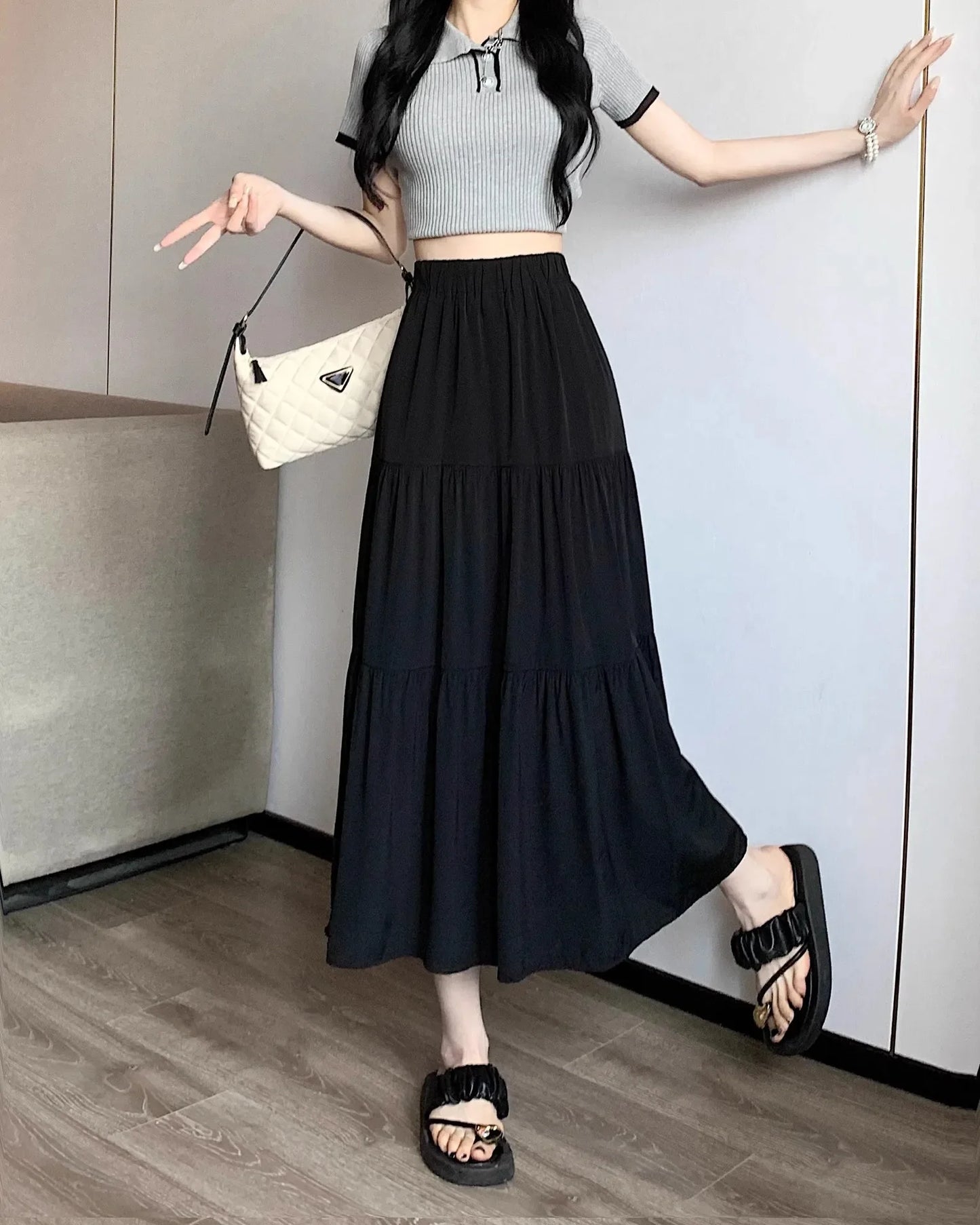 Black High-waisted Niche A- line Skirt Women's Spring Season Elegant Slimming Feel High-end Fashion Long Dress