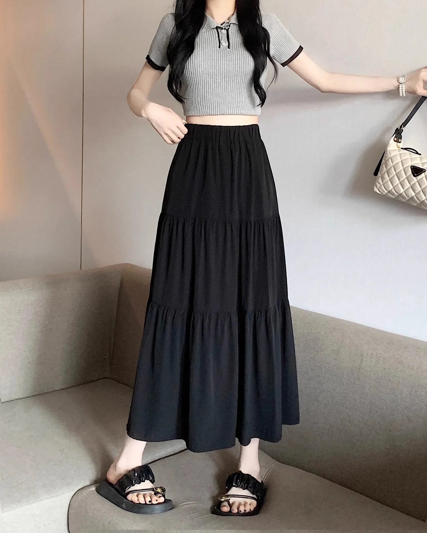 Black High-waisted Niche A- line Skirt Women's Spring Season Elegant Slimming Feel High-end Fashion Long Dress