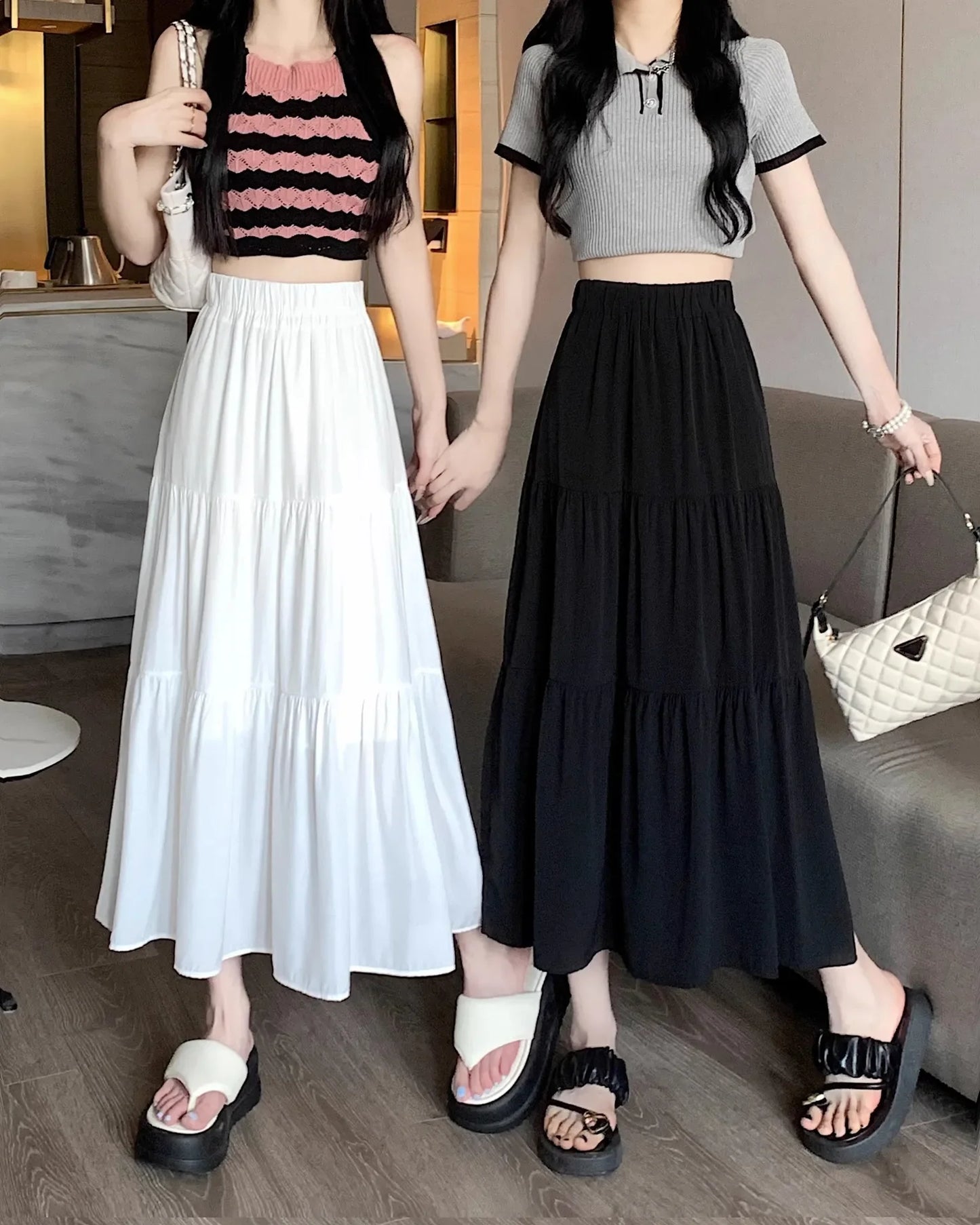 Black High-waisted Niche A- line Skirt Women's Spring Season Elegant Slimming Feel High-end Fashion Long Dress