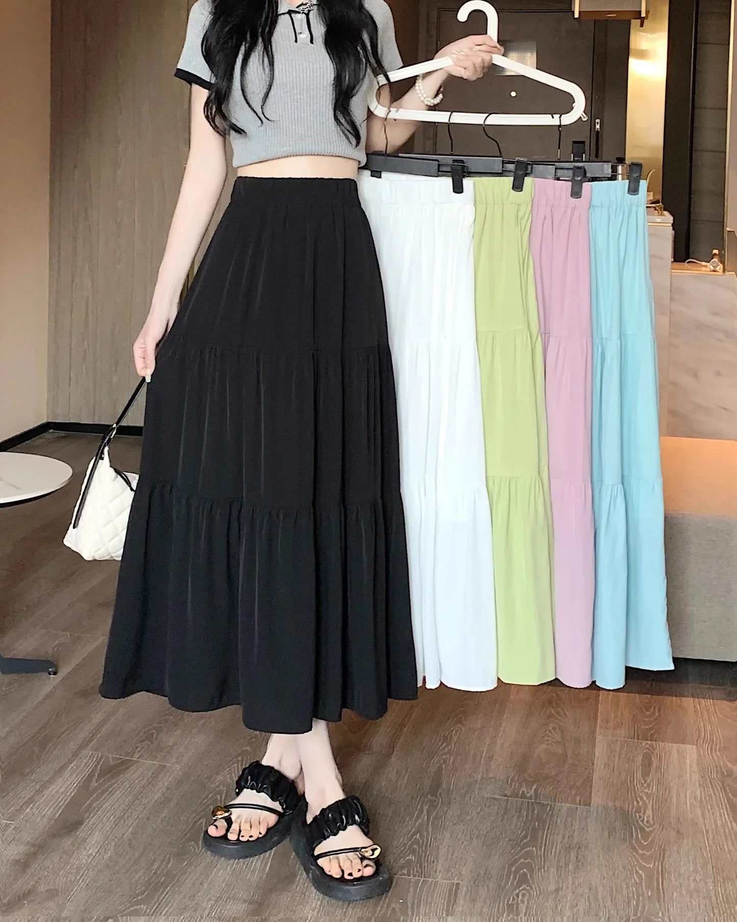 Black High-waisted Niche A- line Skirt Women's Spring Season Elegant Slimming Feel High-end Fashion Long Dress