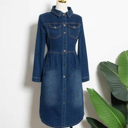 Denim dress women spring and autumn slim Single breasted lapel dress